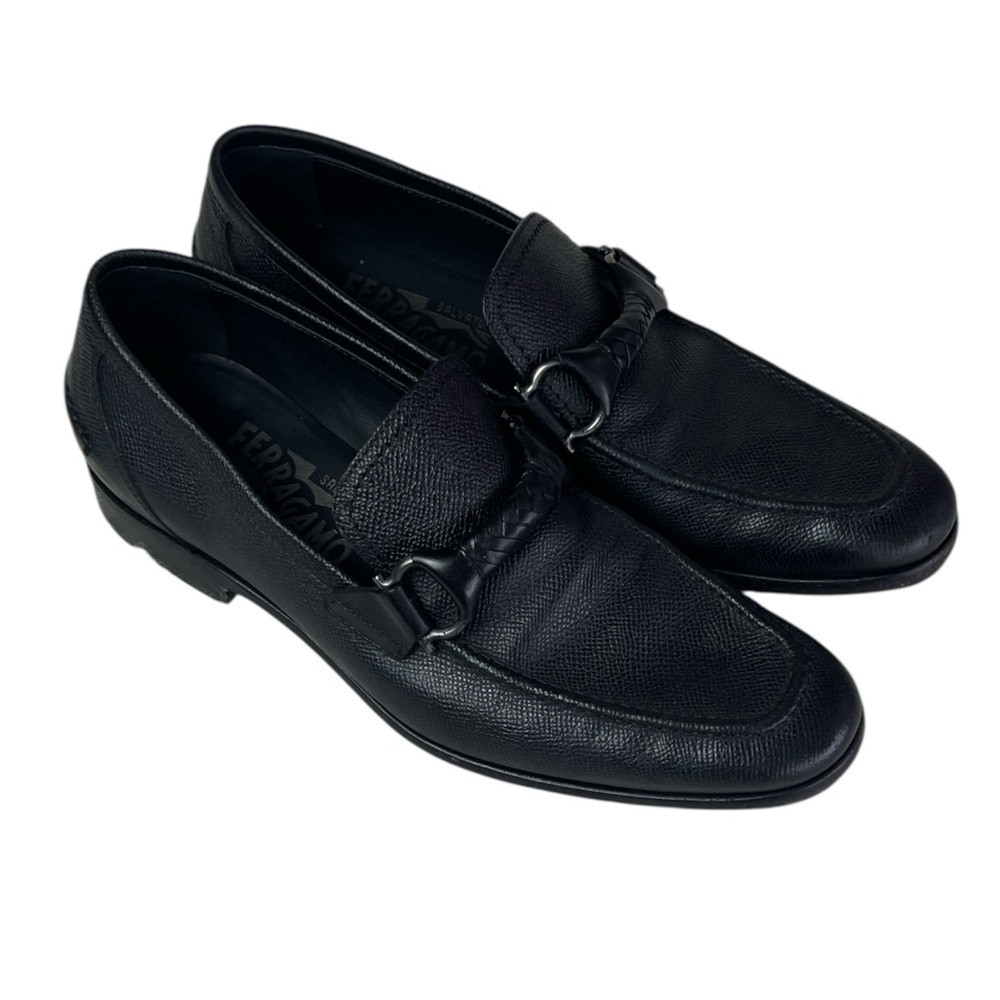 Salvatore Ferragamo Men’s Black Textured Leather Gancini Bit Loafers Size 5.5 2E